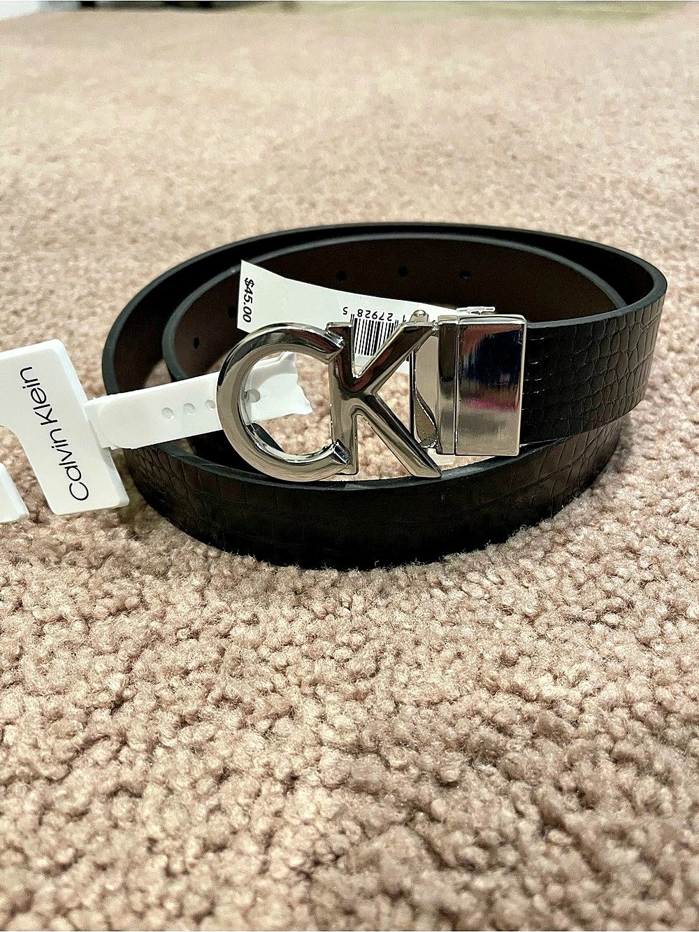 Calvin Klein Synthetic Leather Interlocking Silver Tone CK Buckle Belt S/P